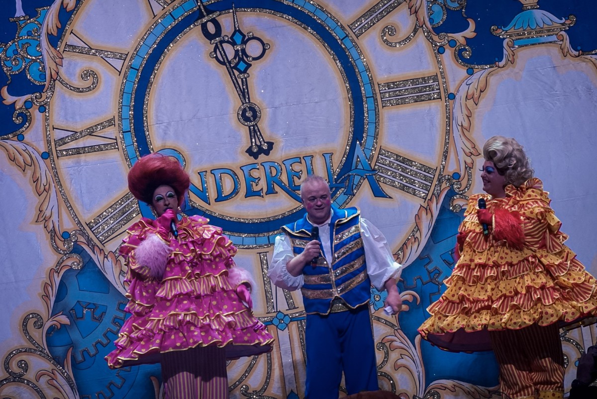 Charlie Richmond as Buttons (middle) with Lewis Denny and Micky Cochrane as the Ugly Sisters